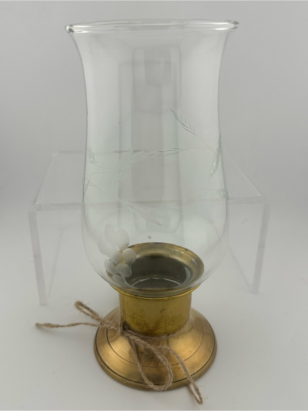 Vintage Brass Base Glass Hurricane Vase with etched  Floral Accent